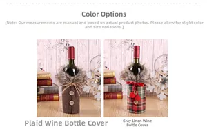 Detail view of plaid and burlap Christmas wine bottle covers with faux fur and wood buttons