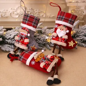 Christmas stocking set with 3D Santa Snowman and Bear dolls in classic plaid design