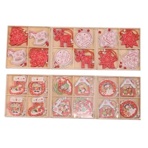 Creative colorful wooden Christmas tree ornaments set in a wooden storage tray