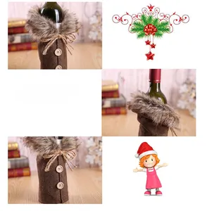 Close-up of burlap wine bottle cover with faux fur collar and wooden button accents