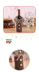 Detailed view of burlap Christmas wine bottle cover with faux fur trim and wooden buttons