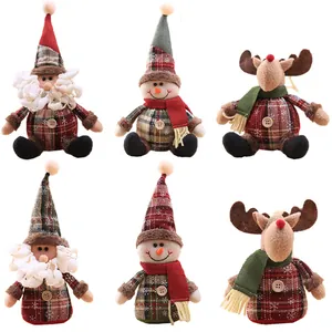 Set of 6 plush Christmas tree hanging ornaments with plaid fabric Santa and snowman