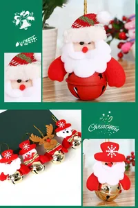 Macro detail of Santa and Reindeer plush figures with metal holiday bells on wooden table