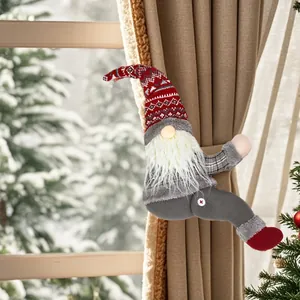 Charming Christmas forest gnome curtain tieback with red knit snowflake hat and plush details