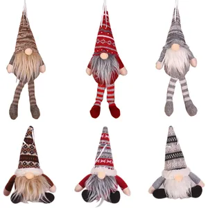 Set of six Christmas gnomes in red, grey, and brown with striped legs and knit hats