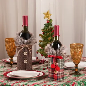 Christmas wine bottle covers with burlap and plaid designs for festive dinner table decor