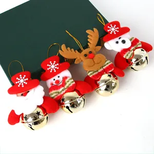 Set of four plush Santa and Reindeer Christmas tree ornaments with gold metal bells