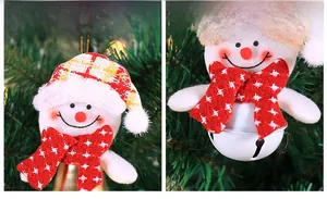 Detail of Christmas snowman hanging ornaments with plaid hats and metal bells on tree