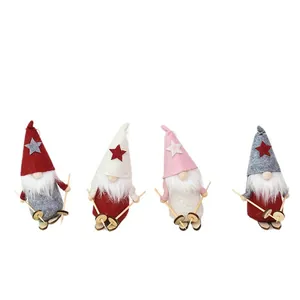 Set of 4 Christmas gnome ski pendants in red, white, pink, and grey for festive home decor