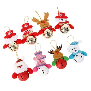 Set of 8 Christmas bell ornaments with plush Santa, snowman, elk, and bear heads