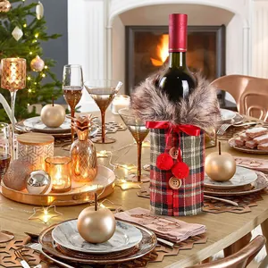 Christmas plaid wine bottle cover with red bow and faux fur collar decoration
