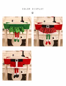 Detailed views of Santa, Elf, and Girl style Christmas chair covers in soft plush fabric