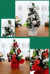 Detailed view of mini 20cm Christmas trees with silver and red festive ornaments