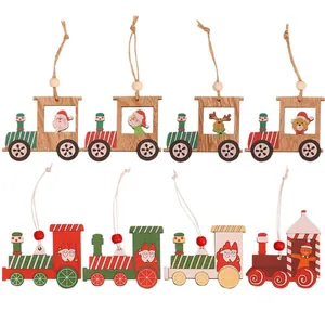8-piece set of wooden Christmas train pendants with Santa and reindeer designs