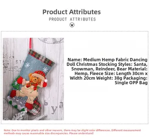 Detail of burlap Christmas stocking with bear doll, sequins tree and 30x20cm size labels