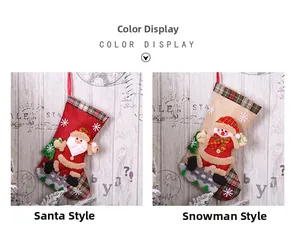 Detail of Christmas stockings with 3D Santa and Snowman patches in festive plaid design