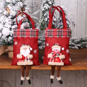 Christmas burlap gift bags with Santa and snowman 3D plush legs and plaid trim decor