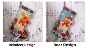 Detail of Christmas stockings with 3D reindeer and bear designs in plaid burlap style
