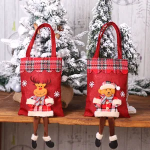 Christmas burlap gift bags with 3D reindeer and bear dolls featuring festive plaid patterns