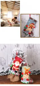 Detail view of 3D Santa, bear, and elk burlap Christmas stockings with plaid accents