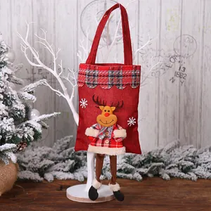 Christmas burlap gift bag with 3D reindeer design and festive checkered pattern trim