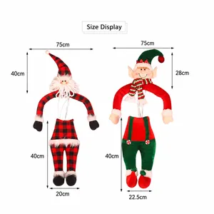 Size chart showing height, width, and weight for Christmas elf and Santa plush decorations