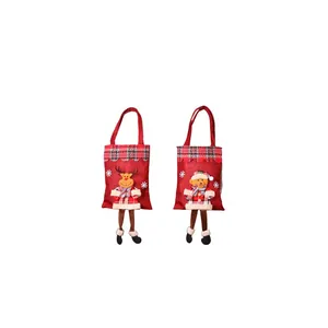 Christmas burlap gift bags set with hanging leg reindeer and bear festive designs