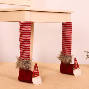 Christmas gnome chair leg covers with red stripes and faux fur trim for floor protection