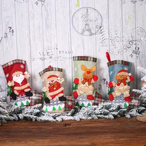 Christmas Stockings Burlap Plaid 3D Cartoon Santa Snowman Reindeer Bear Xmas Gift Bag Hanging Decor Party Ornament