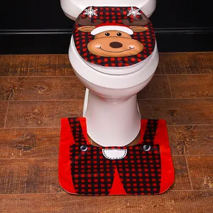 Christmas toilet cover and U-shaped floor mat set with red plaid reindeer pattern
