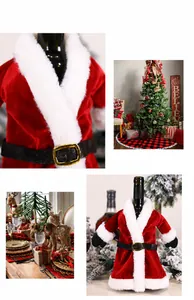 Detalle de funda para botella de vino de Papá Noel en terciopelo rojo con pelo blanco y hebilla