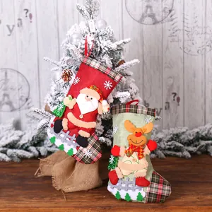 Christmas burlap stockings set featuring 3D Santa and reindeer with plaid trim decor