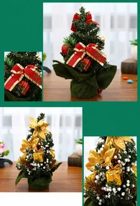 Detailed view of mini Christmas trees with red velvet bows and gold floral ornaments