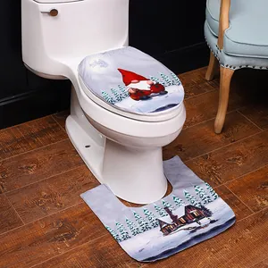 2-piece Christmas bathroom set with gnome toilet lid cover and snow scene floor mat