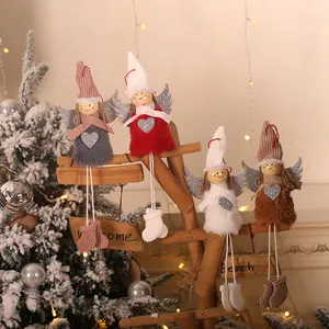 Christmas Angel Plush Doll Hanging Ornaments With Sequin Heart Wings Wood Head For Tree Window Home Decor Gift