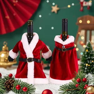 Christmas Wine Bottle Cover Velvet Santa Suit And Skirt Style Decorative Bottle Bag With Faux Fur Trim For Holiday Party Table Decor