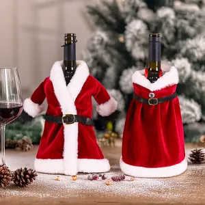 Velvet Christmas wine bottle covers featuring Santa suit and dress designs with fur trim