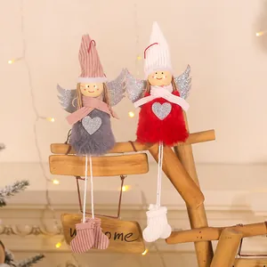 Set of two plush Christmas angel doll ornaments with silver wings for tree decoration