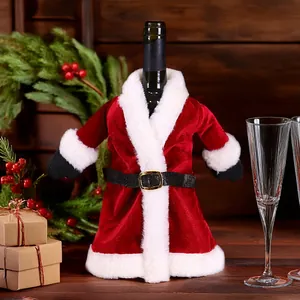 Christmas wine bottle cover in Santa suit style with red velvet and white fur trim
