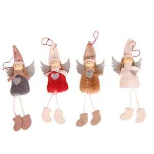 Set of 4 plush Christmas angel ornaments with glitter wings and knit hats in grey red white