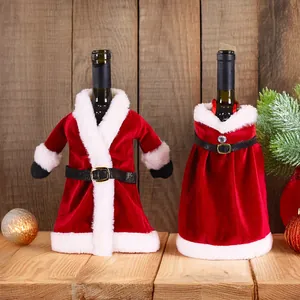 Christmas wine bottle covers featuring Santa coat and dress designs with velvet and faux fur