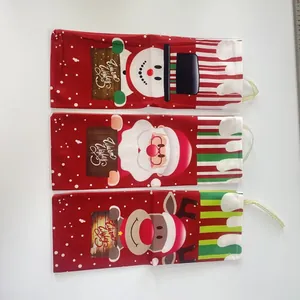 Three-piece Christmas drawstring gift bags with Santa, snowman, and reindeer patterns