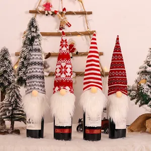 Set of 4 Christmas gnome wine bottle covers with knitted hats for festive table decor