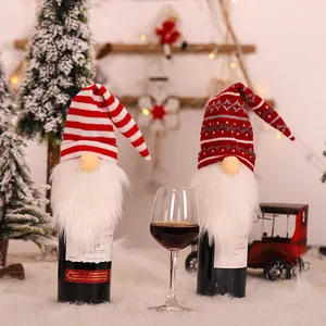 Set of 2 Christmas gnome wine bottle covers with knitted hats for holiday table decor