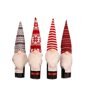 Set of 4 Christmas gnome wine bottle covers with knitted hats and faux fur beards