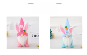 Detail display of pink and blue Easter gnome plush dolls with rabbit ears and knitted hats