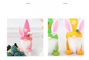 Close-up of Easter gnome plush toys with bunny ears, carrot motifs and knit hats