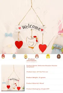 Detail of wooden Easter welcome rooster ornament with dimensions 34x18.5cm shown on branch