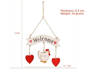 Detailed dimensions of wooden Easter chicken welcome sign with heart charms and dimensions