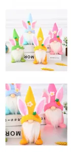 Close-up of Easter rabbit ear gnomes with knitted fabric and long plush beard texture